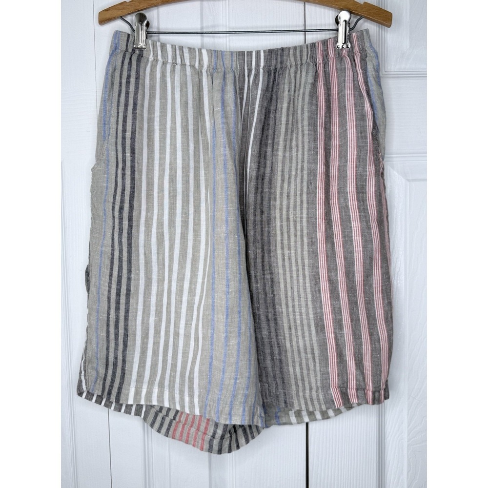 FLAX  STRIPE Light Weight Linen SUN SHORTS  Small Women's Pocket